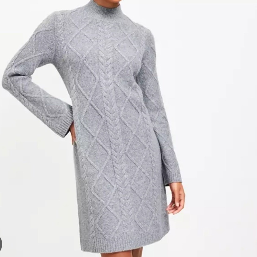 Loft Grey Cable Knit Mock Neck‎ Sweater Dress XXL Long Sleeve Wool Blend